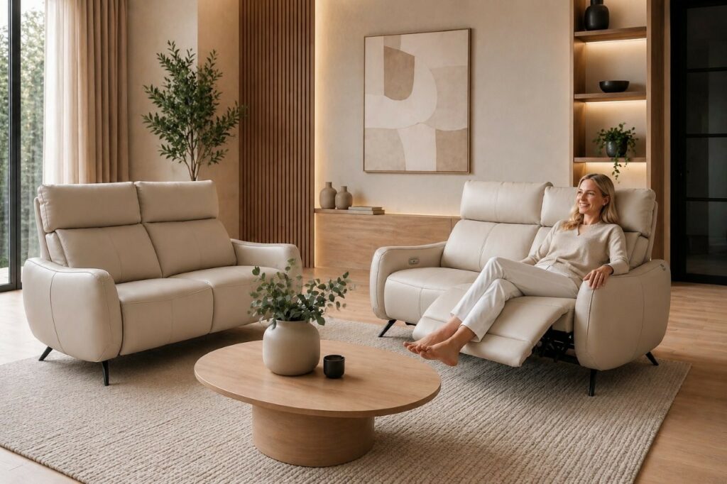 Salon MARE Confortluxe en cuir beige – photo d’ambiance