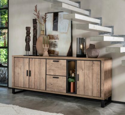 Buffet Édimbourg H&H en finition Barnwood avec niches éclairées et détails en métal noir